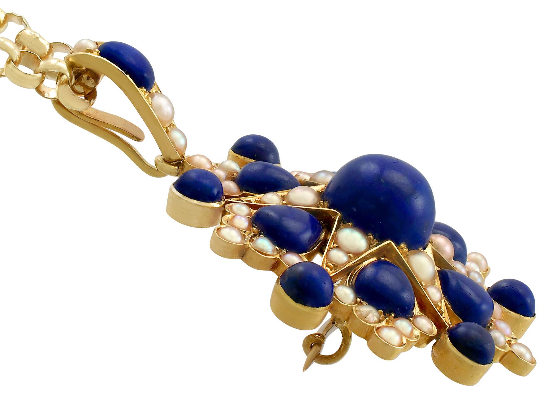 Antique Victorian 13.02 Carat Lapis Lazuli and Pearl Yellow Gold Pendant Brooch In Excellent Condition In Jesmond, Newcastle Upon Tyne