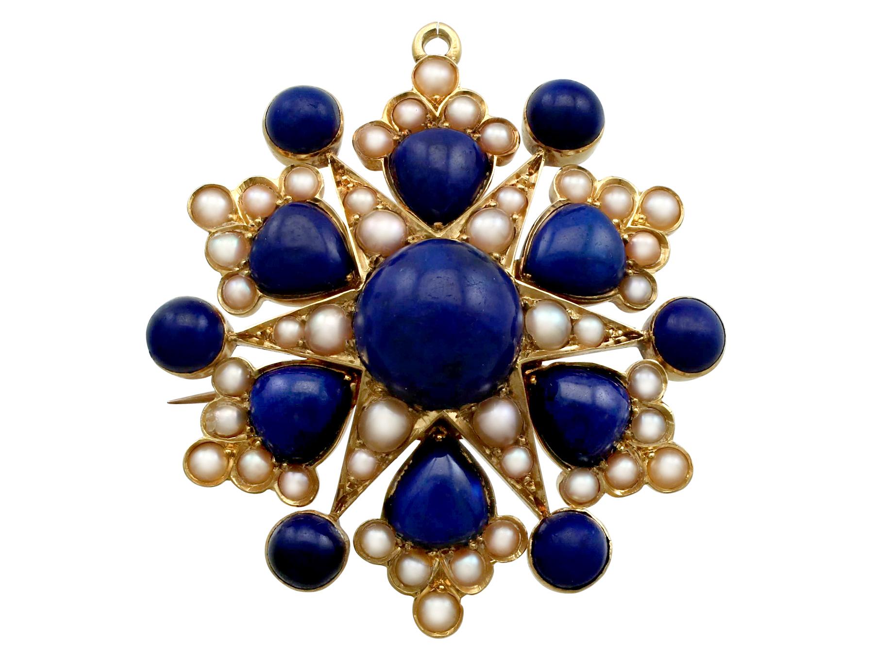 Antique Victorian 13.02 Carat Lapis Lazuli and Pearl Yellow Gold Pendant Brooch 1