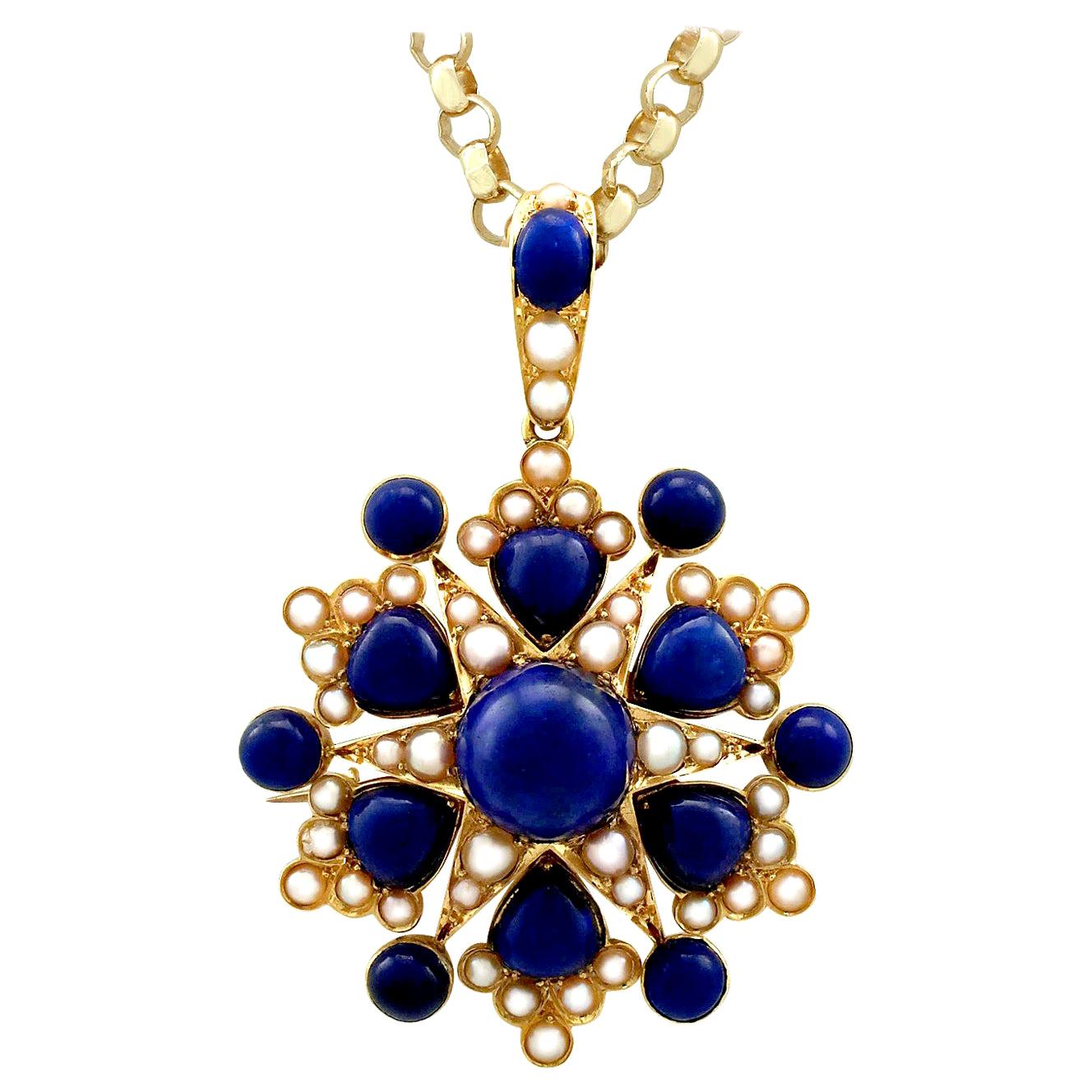 Antique Victorian 13.02 Carat Lapis Lazuli and Pearl Yellow Gold Pendant Brooch
