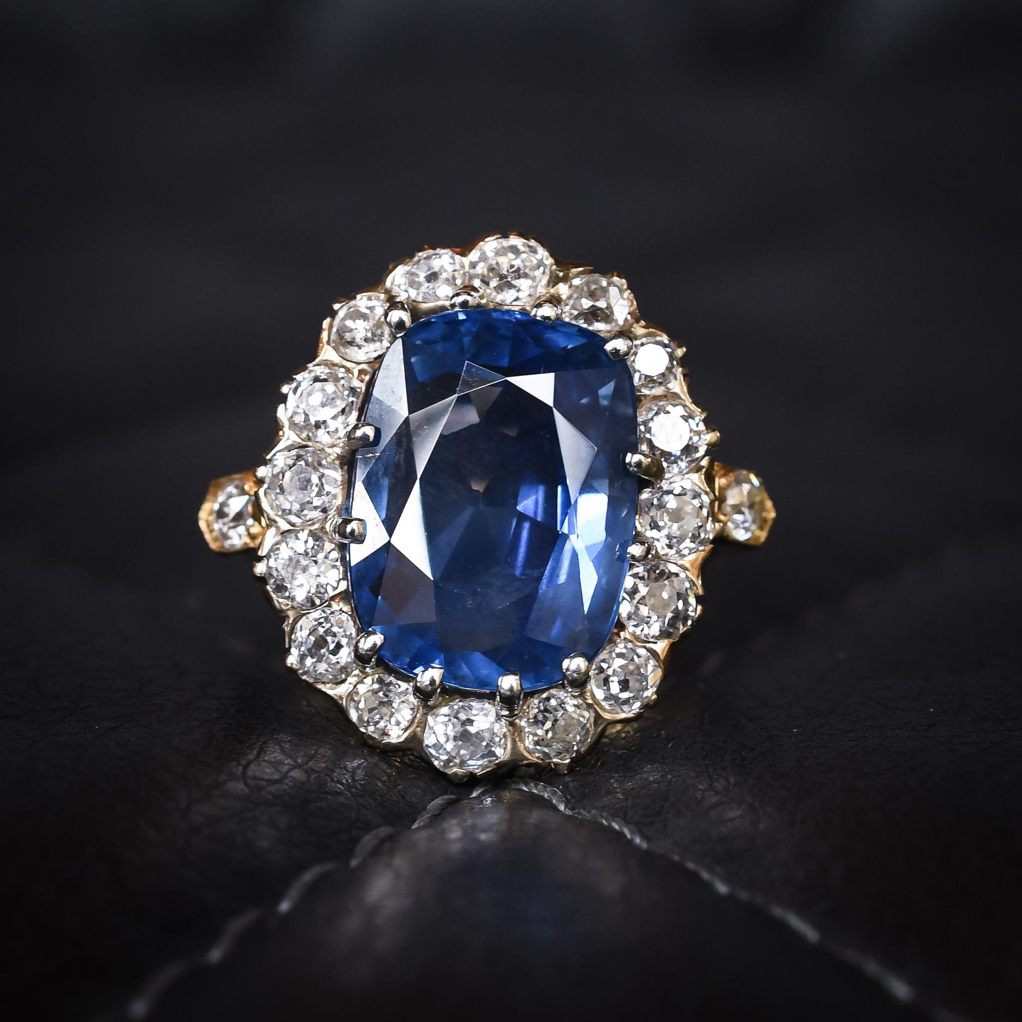 Cushion Cut Antique Victorian 13.5 Carat Burma Sapphire Diamond Cluster Ring For Sale