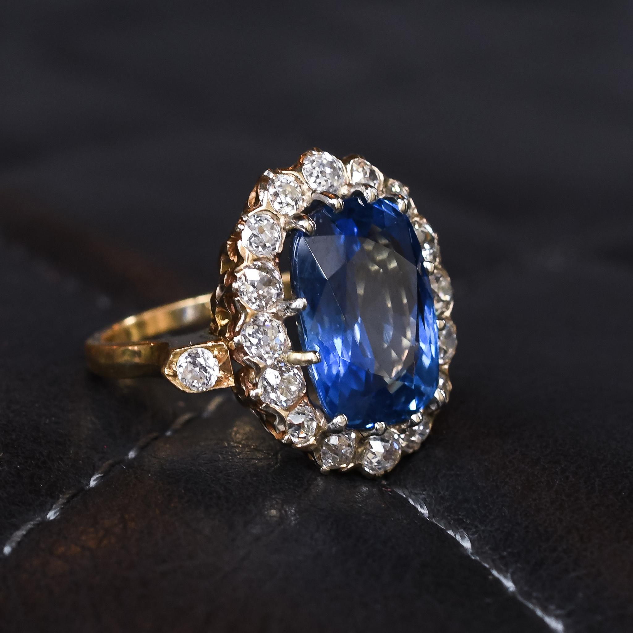 Antique Victorian 13.5 Carat Burma Sapphire Diamond Cluster Ring In Good Condition For Sale In Sale, Cheshire