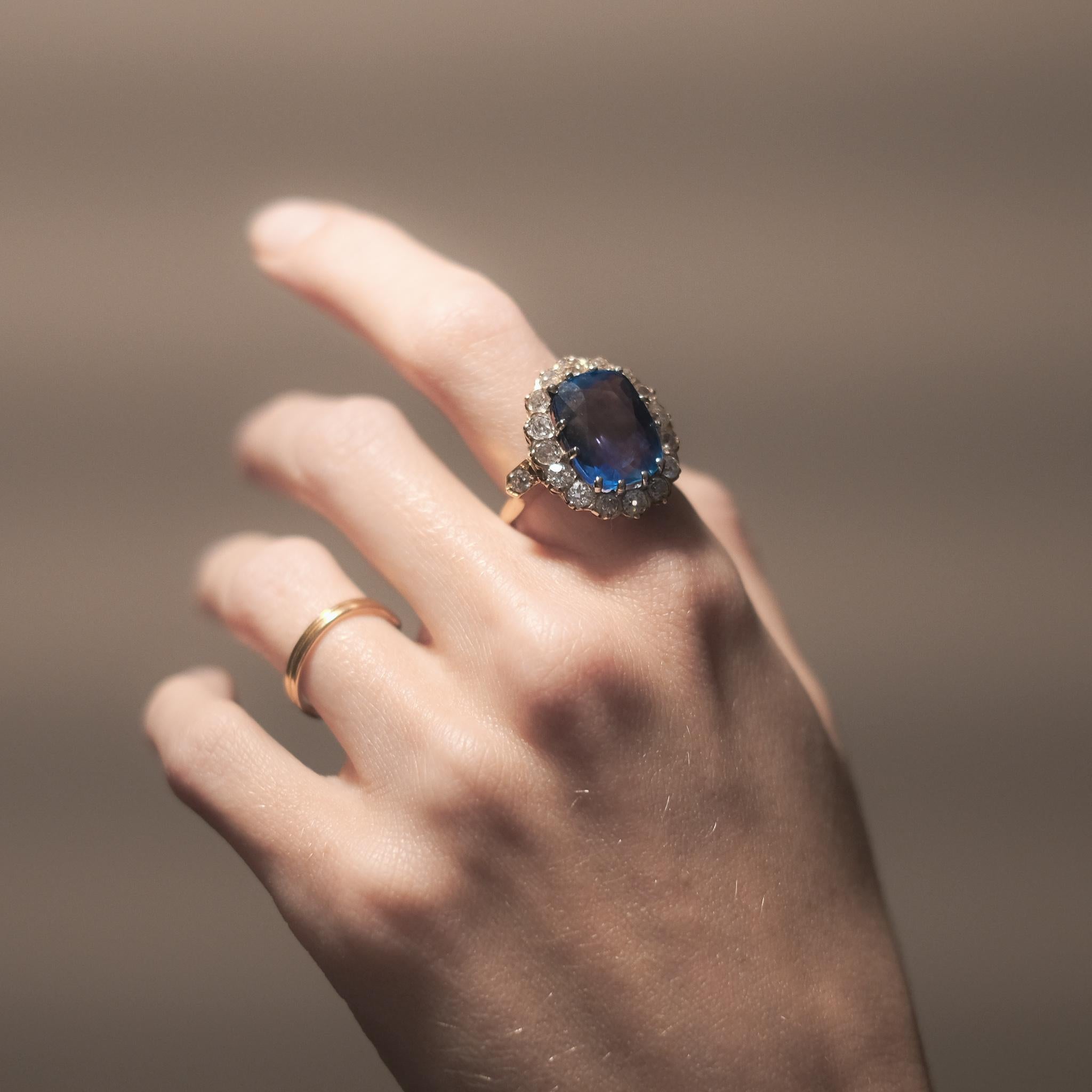 Women's Antique Victorian 13.5 Carat Burma Sapphire Diamond Cluster Ring For Sale