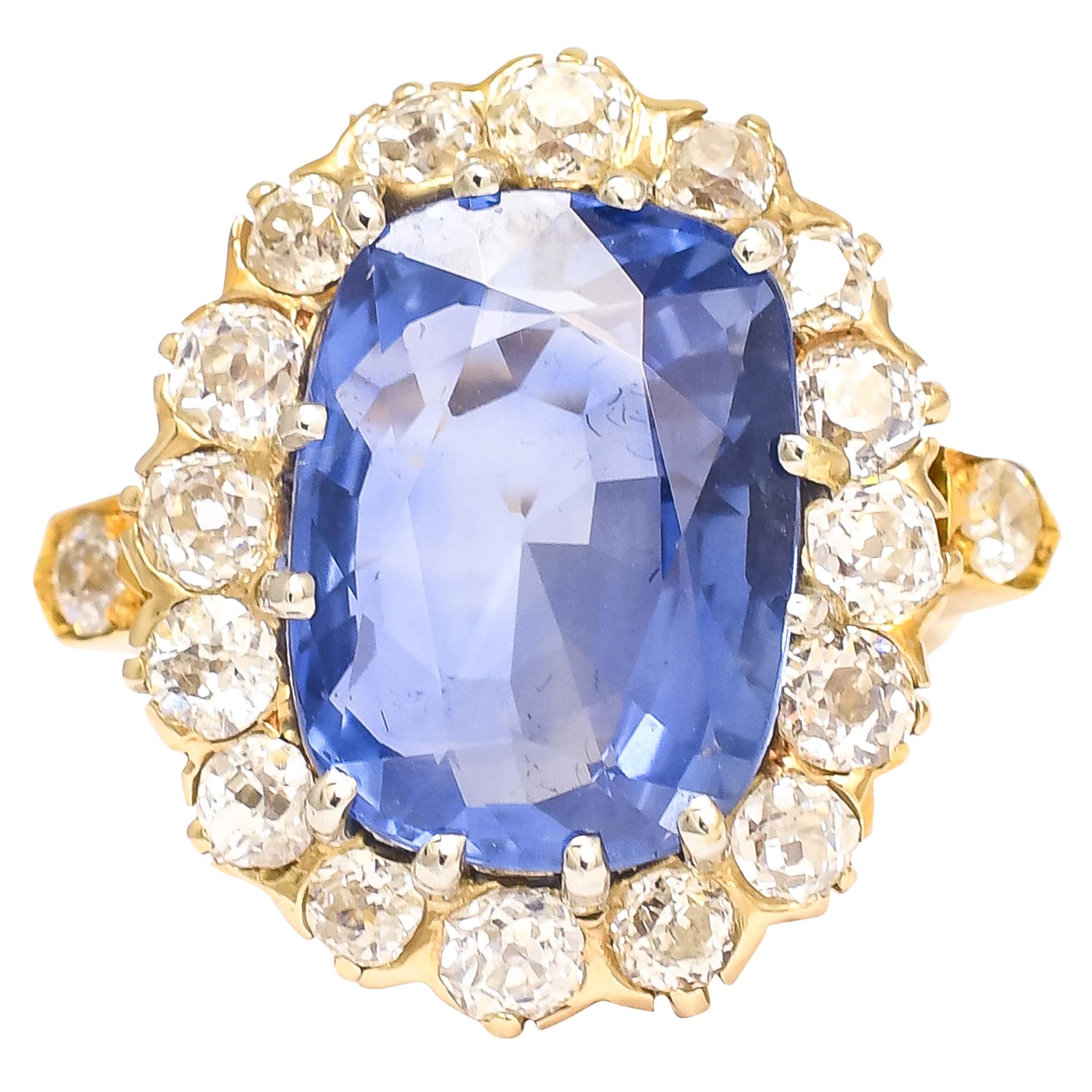 Antique Victorian 13.5 Carat Burma Sapphire Diamond Cluster Ring For Sale
