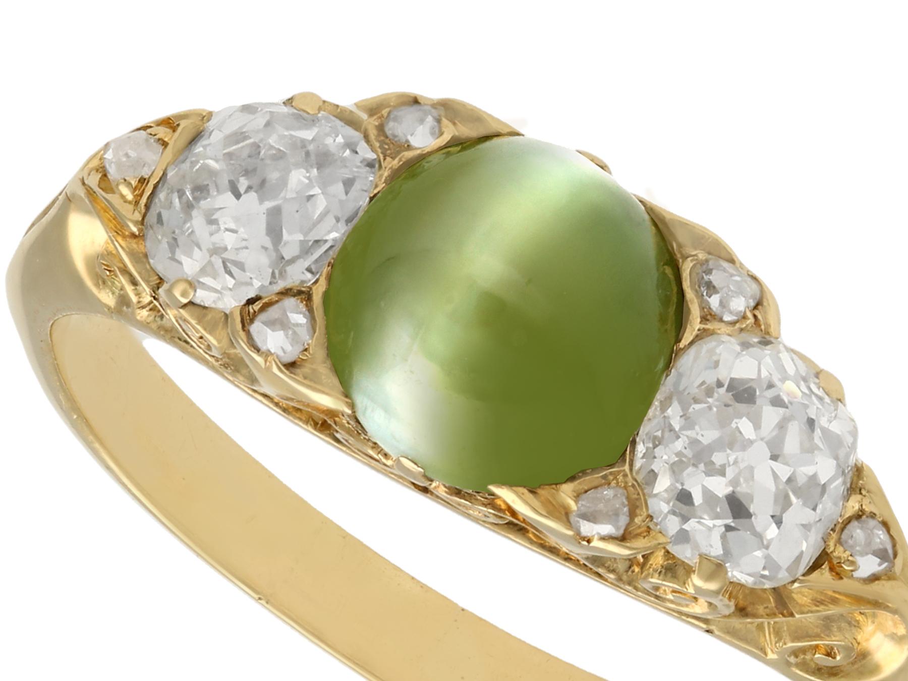 Old European Cut Antique Victorian 1.35 Carat Chrysoberyl and Diamond Yellow Gold Cocktail Ring For Sale