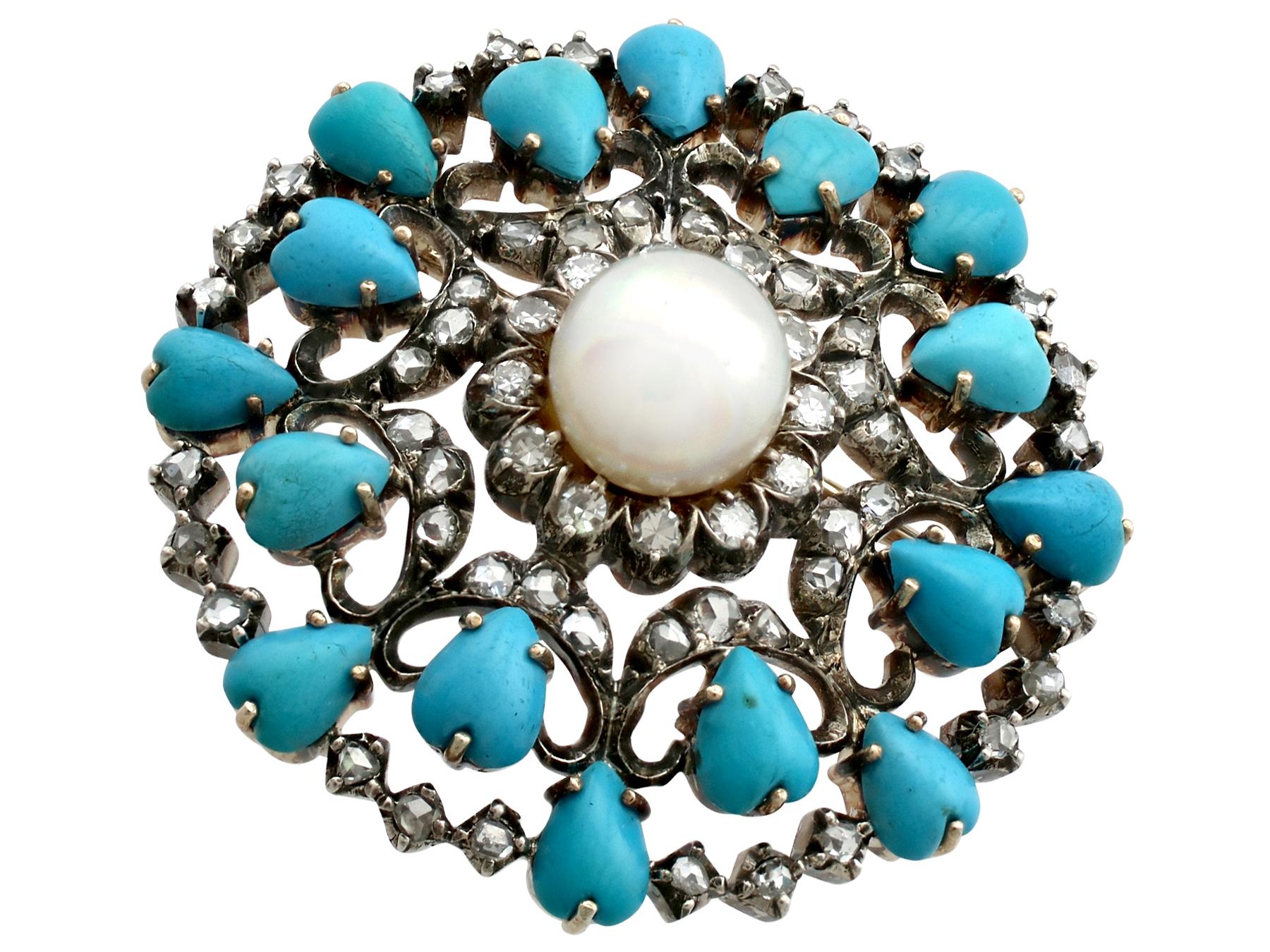Antique Victorian 1.36 Carat Diamond Pearl and Turquoise Yellow Gold Brooch In Excellent Condition In Jesmond, Newcastle Upon Tyne