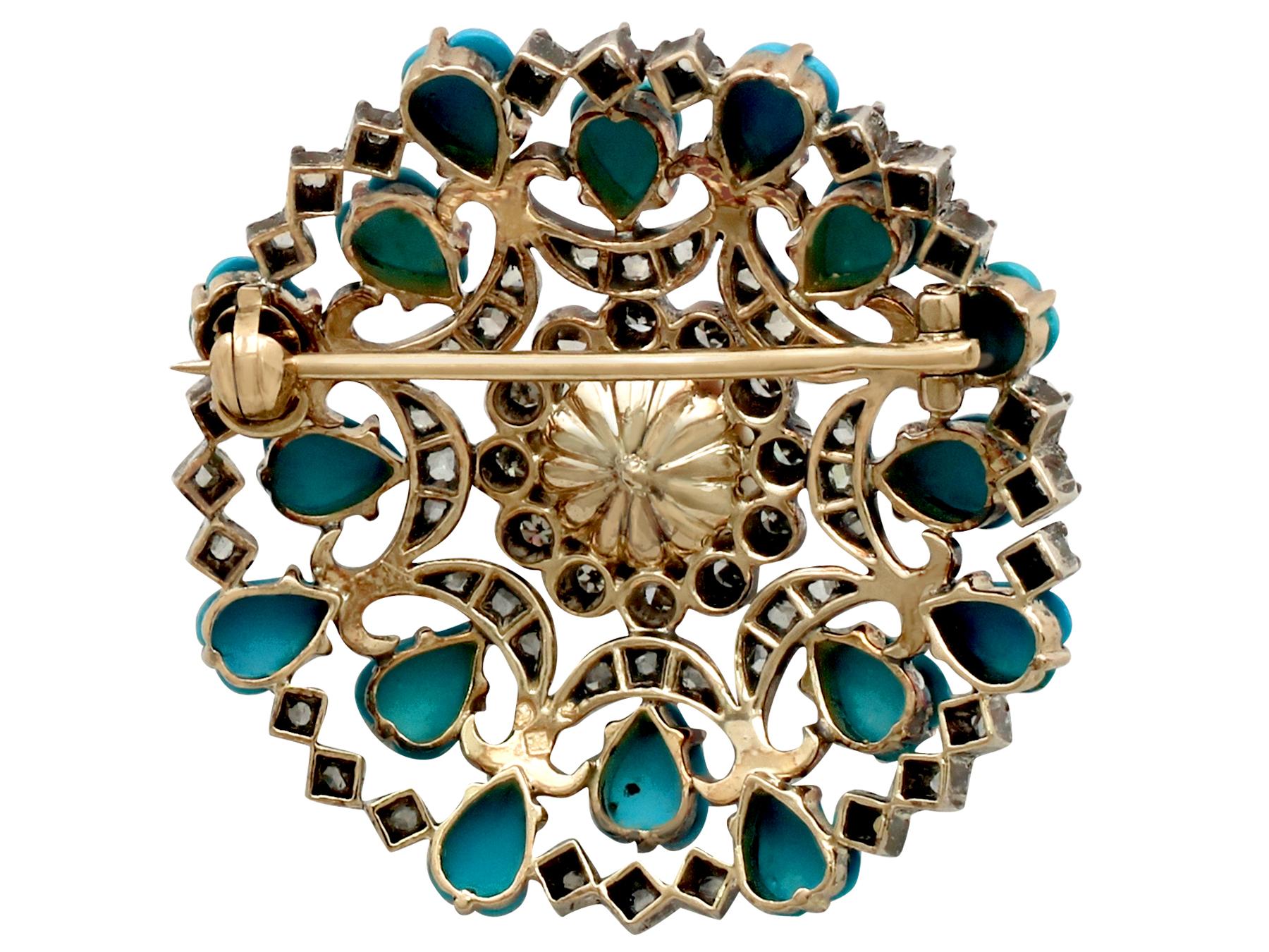 Antique Victorian 1.36 Carat Diamond Pearl and Turquoise Yellow Gold Brooch 1