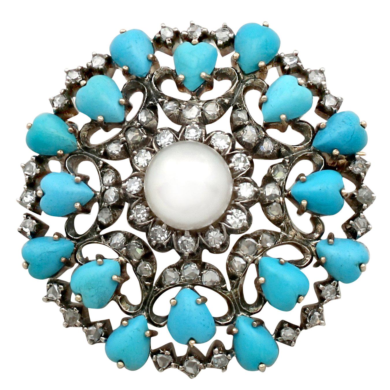 Antique Victorian 1.36 Carat Diamond Pearl and Turquoise Yellow Gold Brooch