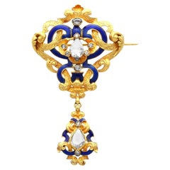 Antique Victorian 1.38 Carat Diamond Enamel and 21k Yellow Gold Brooch