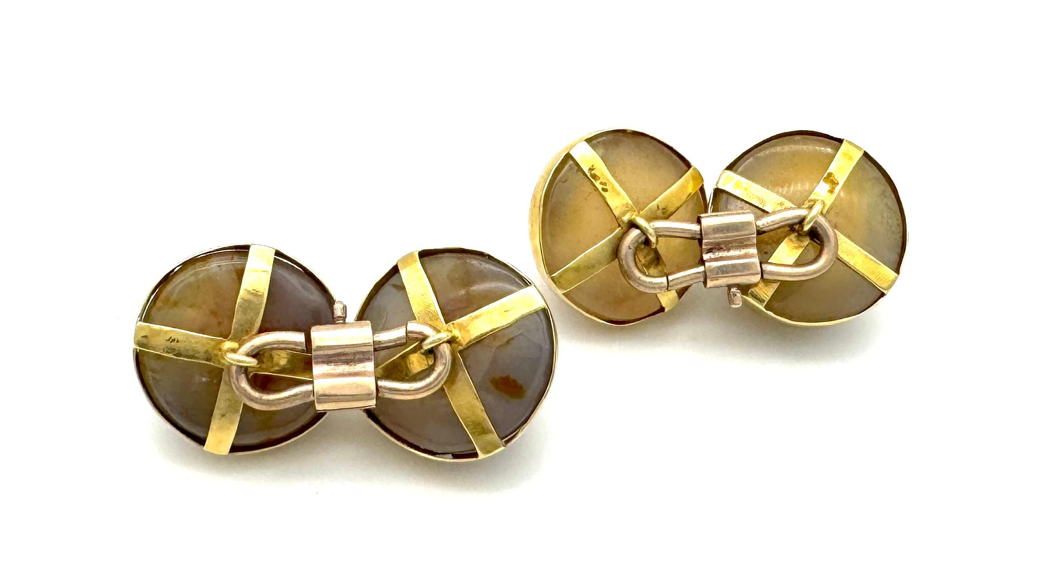 Taille cabochon Boutons de manchette anciens victoriens en or 14 carats Cabochons en agate multicolore en vente