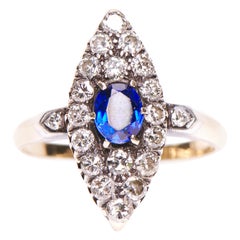 Antique, Victorian, 14 Carat Gold, Sapphire and Diamond Marquise Engagement Ring
