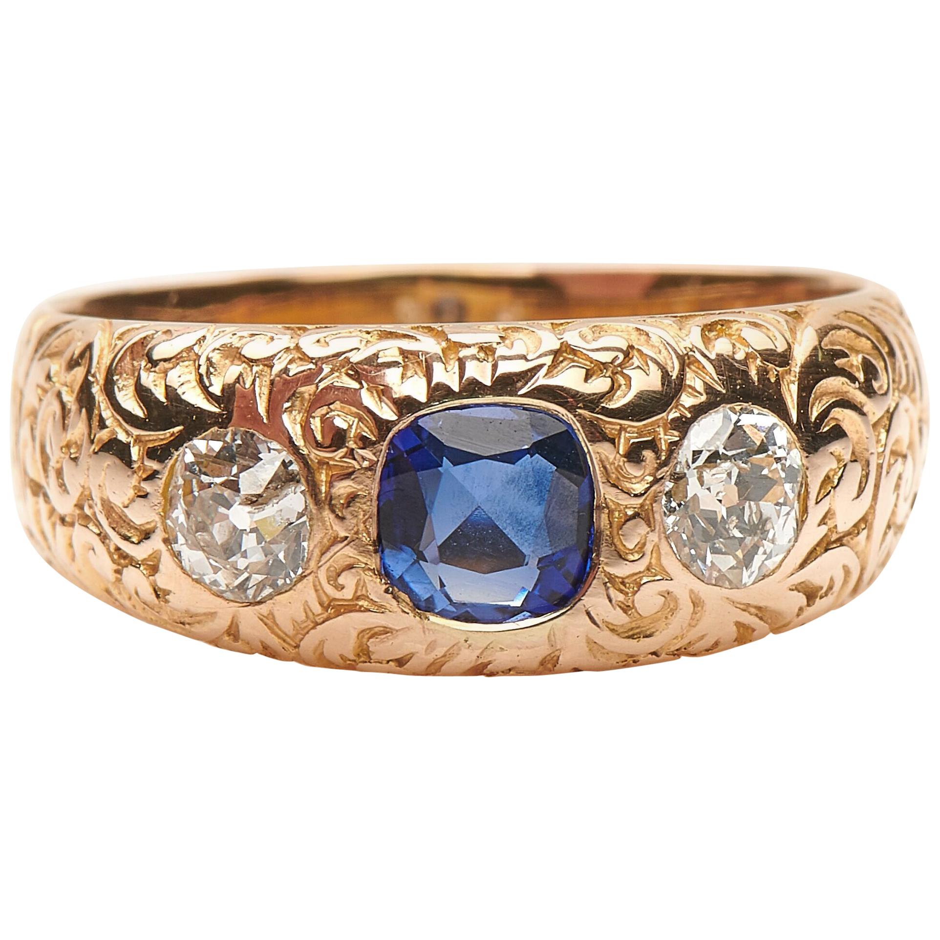 Antique, Victorian, 14 Carat Yellow Gold, Sapphire and Diamond Gypsy Ring For Sale
