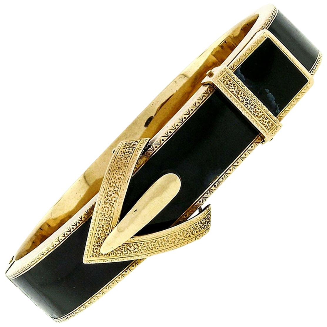 Antique Victorian 14 Karat Gold Black Enamel Hinged Bangle Mourning Bracelet