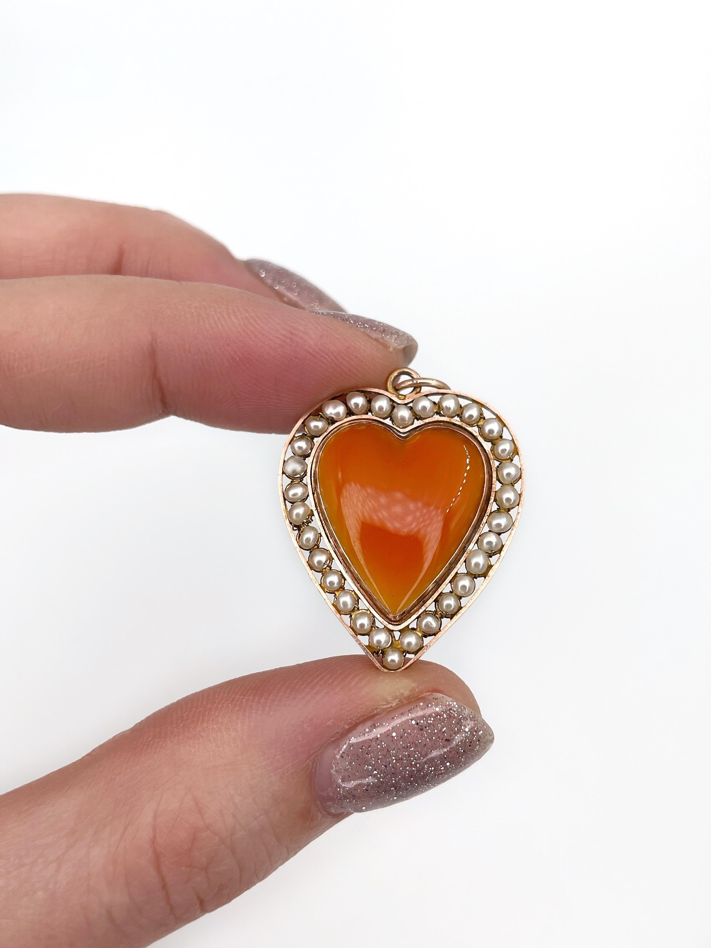 Cabochon Antique Victorian 14 Karat Gold Carnelian Pearl Heart Locket Pendant