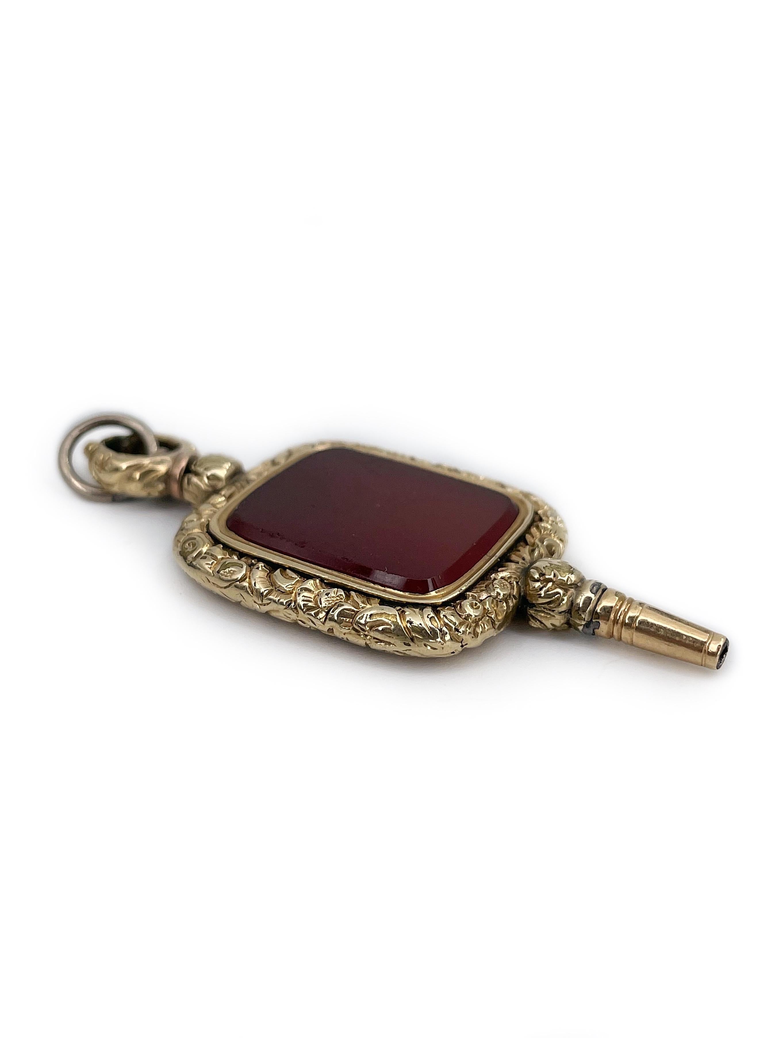 Square Cut Victorian Gold Tone Carnelian Pocket Watch Key Fob Pendant For Sale