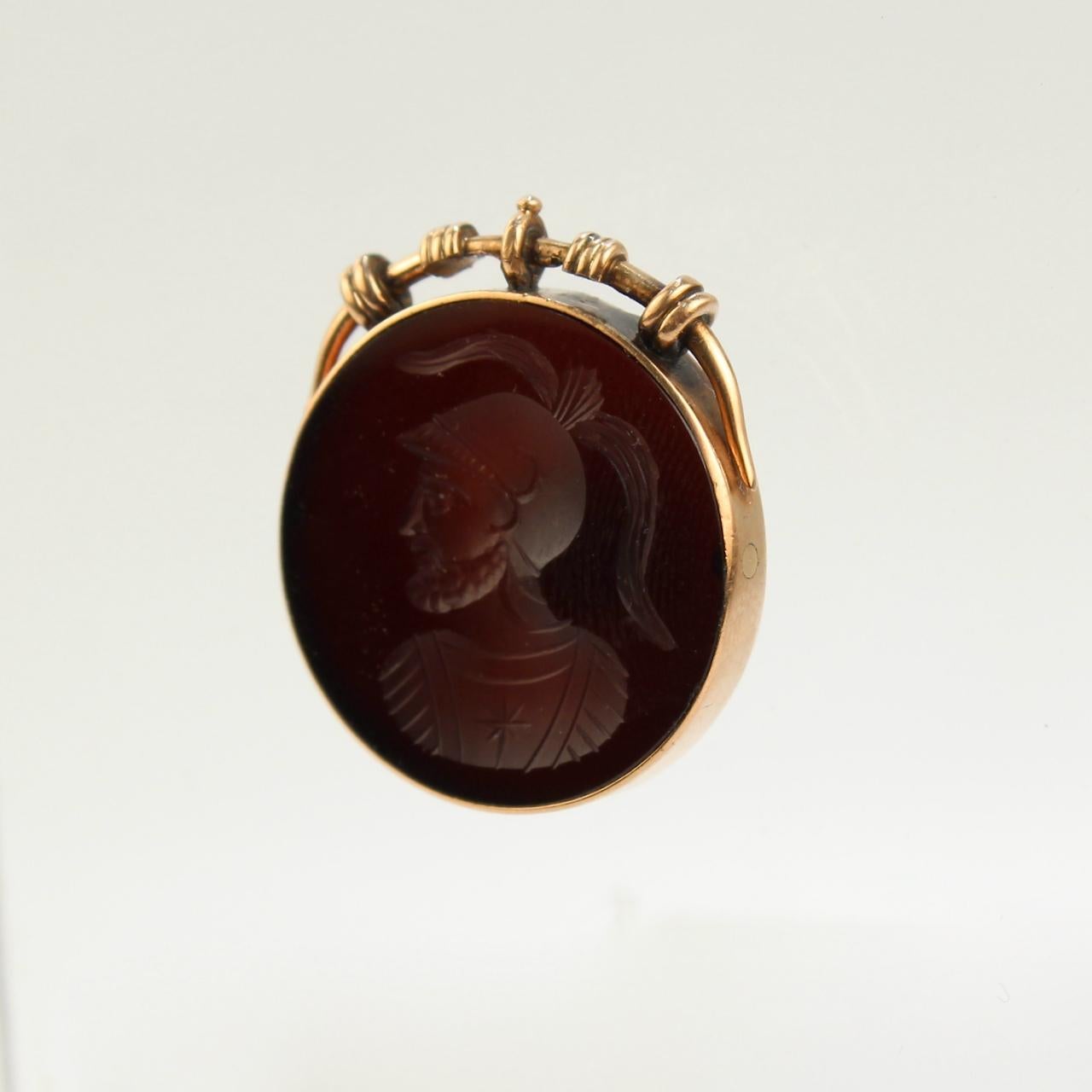 Etruscan Revival Antique Victorian 14 Karat Gold and Carved Carnelian Intaglio Charm or Pendant For Sale