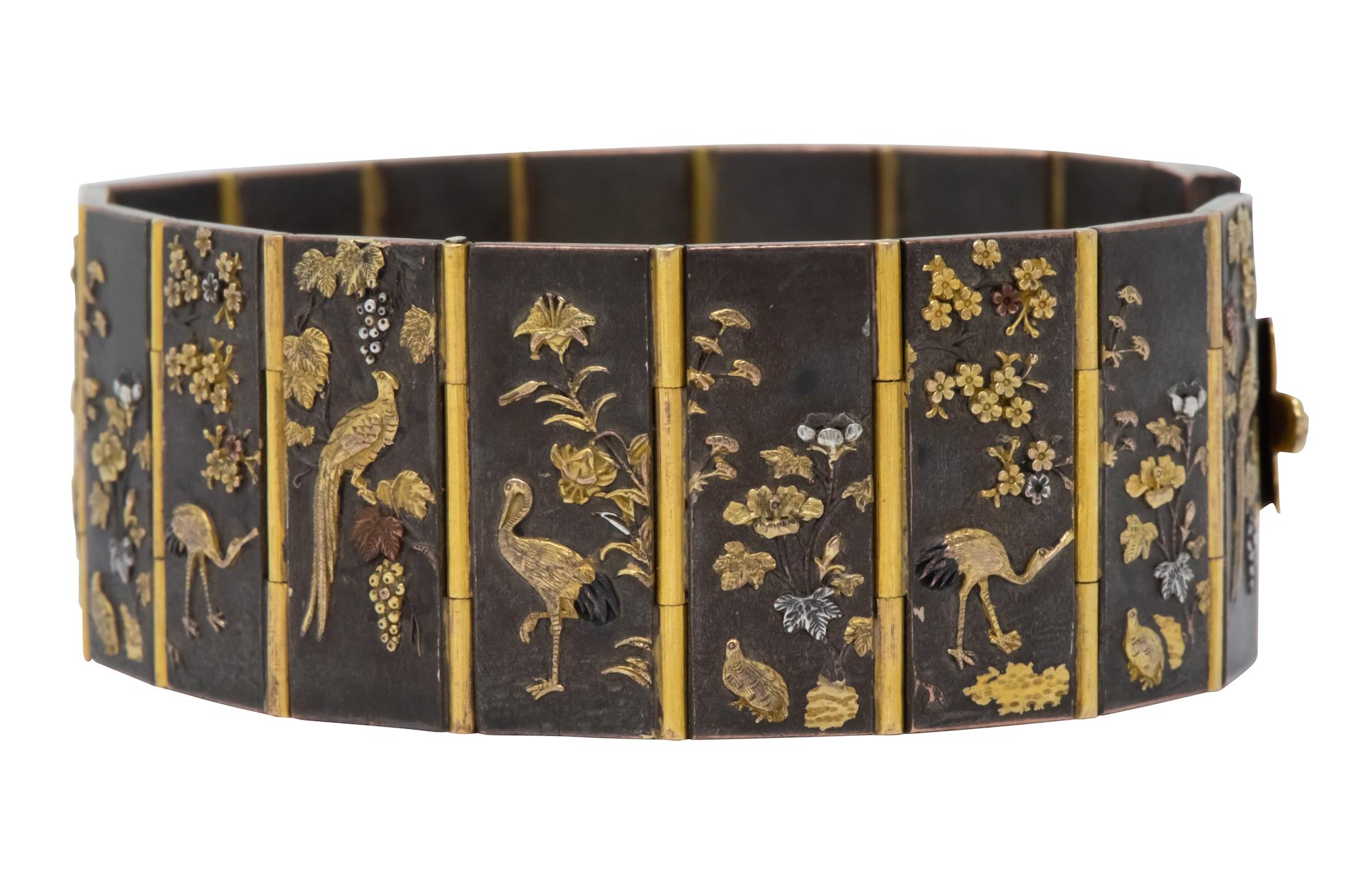 Late Victorian Antique Victorian 14 Karat Gold Copper Shakudo Bird Flower Panel Bracelet