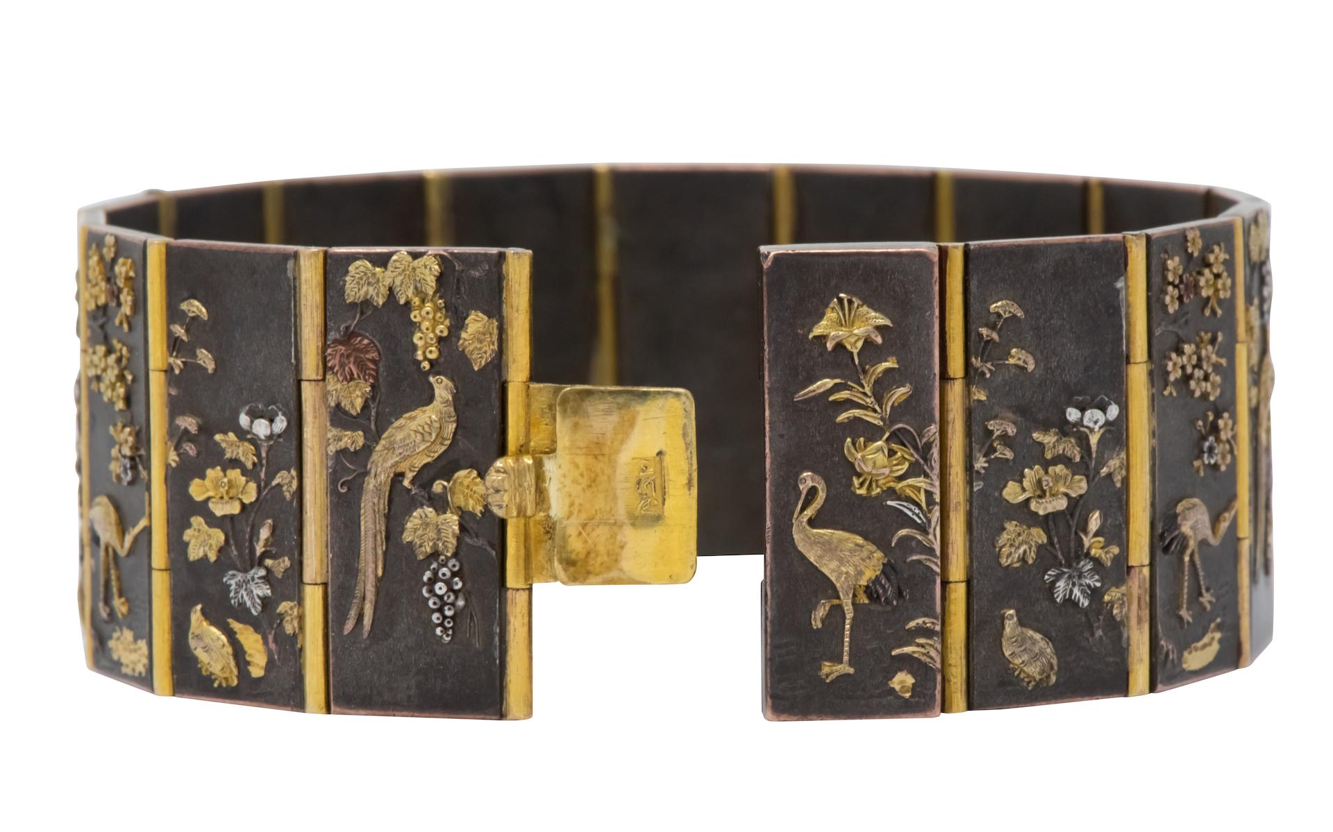 Women's or Men's Antique Victorian 14 Karat Gold Copper Shakudo Bird Flower Panel Bracelet
