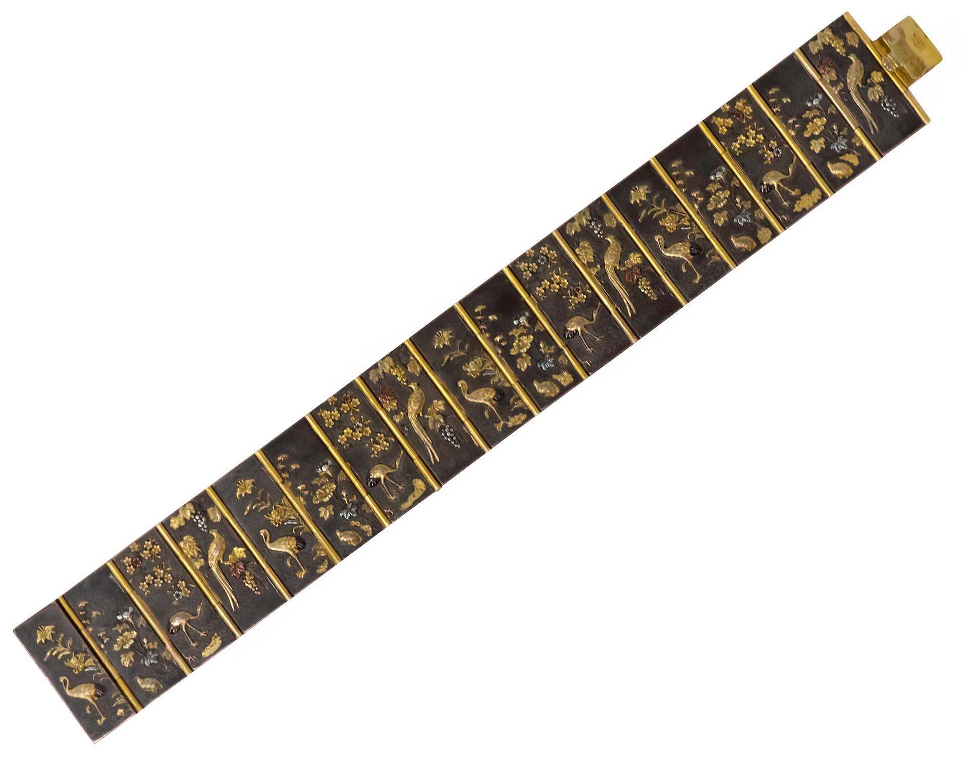 Antique Victorian 14 Karat Gold Copper Shakudo Bird Flower Panel Bracelet 1
