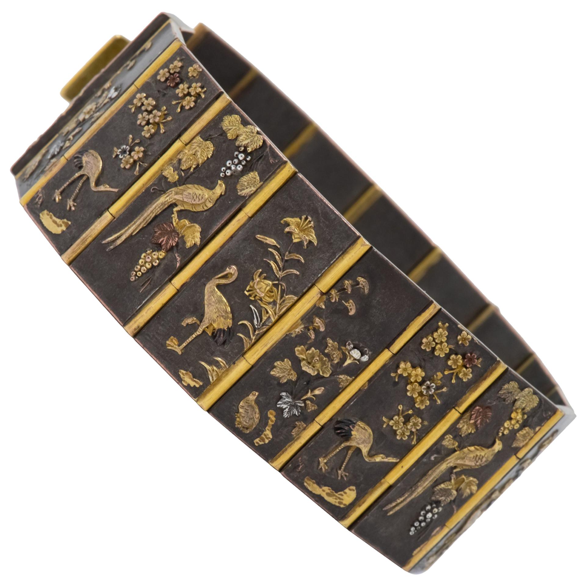 Antique Victorian 14 Karat Gold Copper Shakudo Bird Flower Panel Bracelet