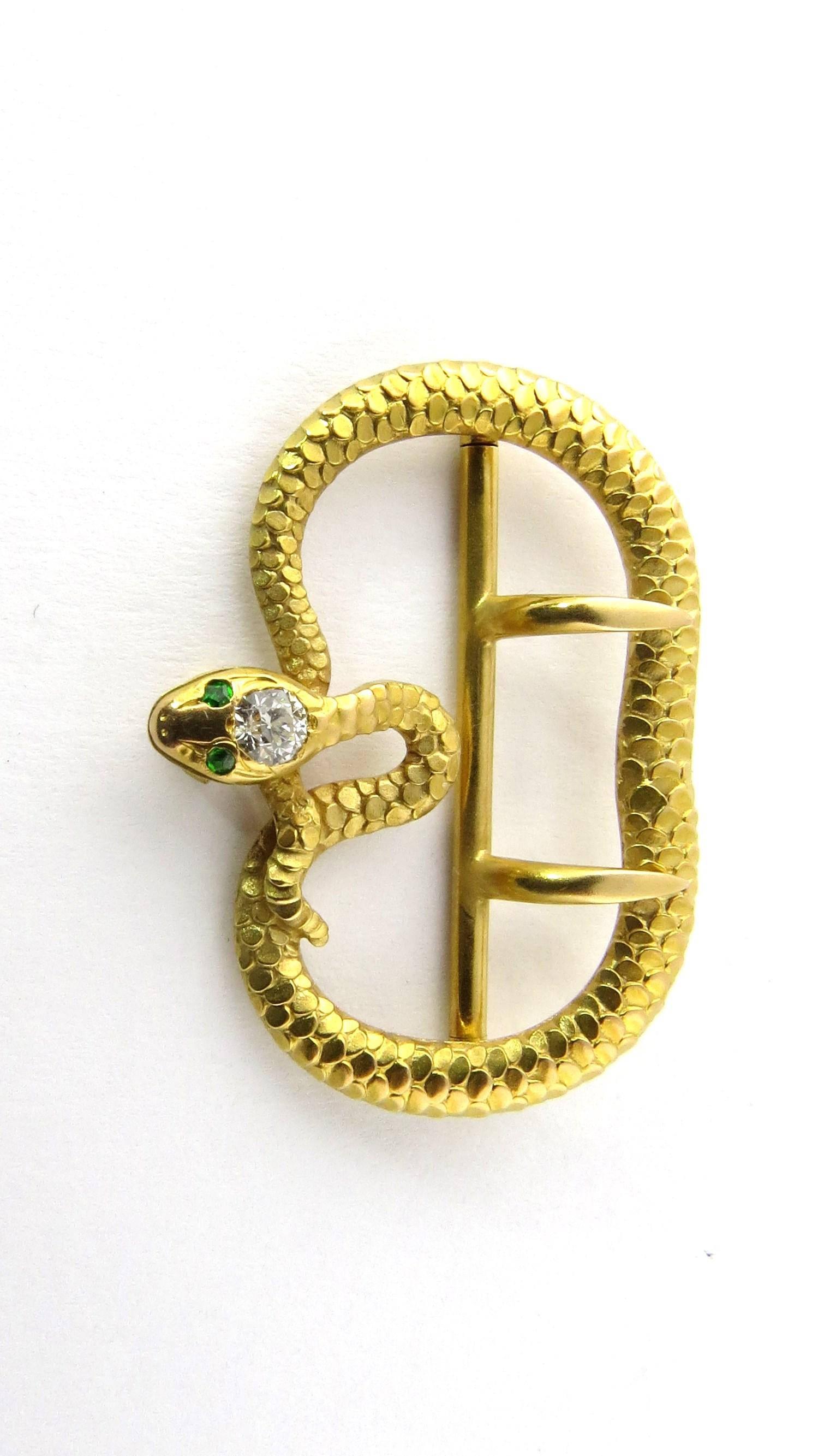Antique Victorien 14 Karat Gold Diamond Emerald Snake Belt Sash / Scarf Buckle Pour femmes en vente