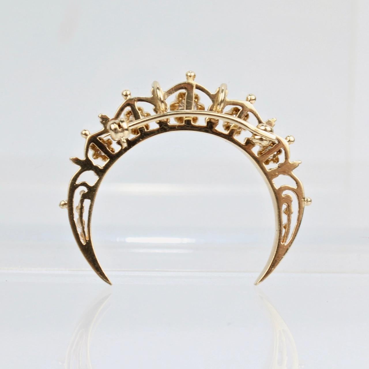 Women's or Men's Antique Victorian 14 Karat Gold and Diamond Moon or Crescent Pendant / Brooch