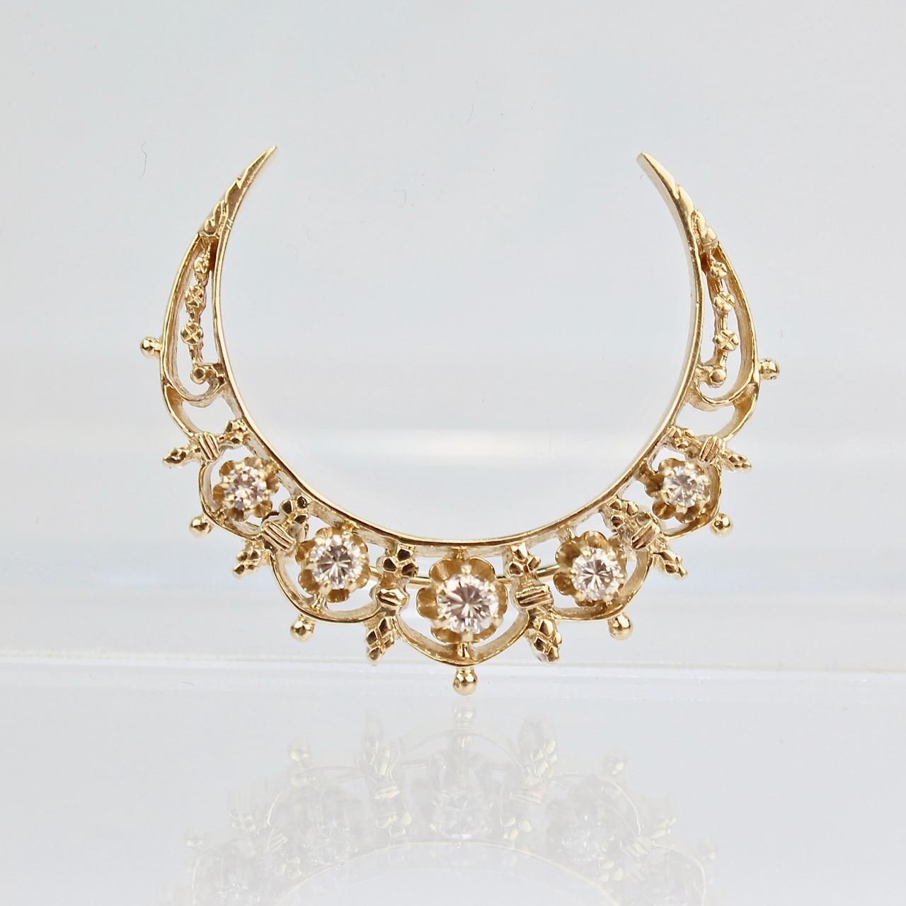 Antique Victorian 14 Karat Gold and Diamond Moon or Crescent Pendant / Brooch 1
