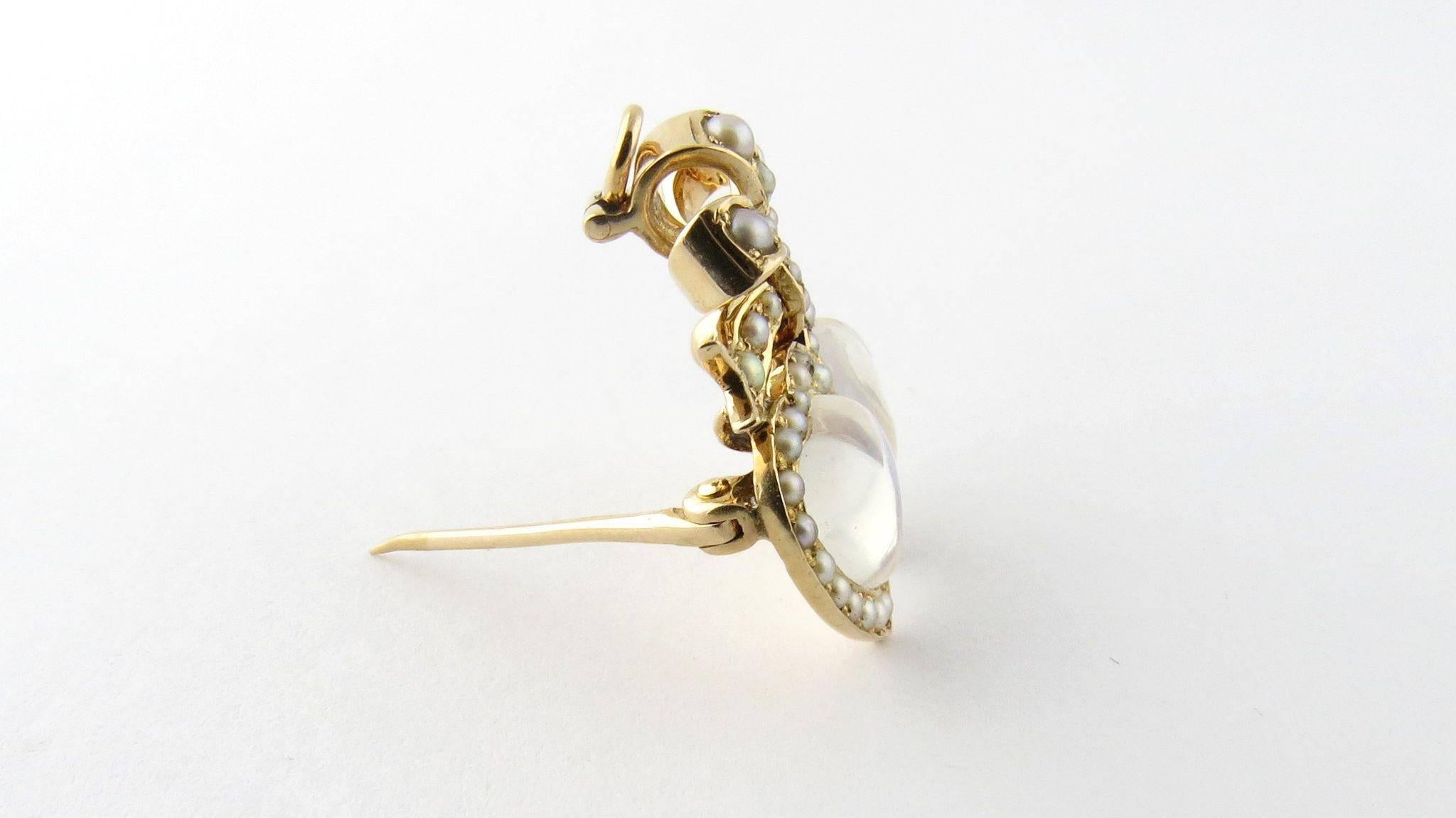 Antique Victorian 14K Yellow Gold Double Heart Moonstone and Seed Pearl Pendant Pin. 

Stunning double heart pin of yellow gold set with two heart moonstones surrounded by seed pearls with pearl bow. 

Measures: 13/16