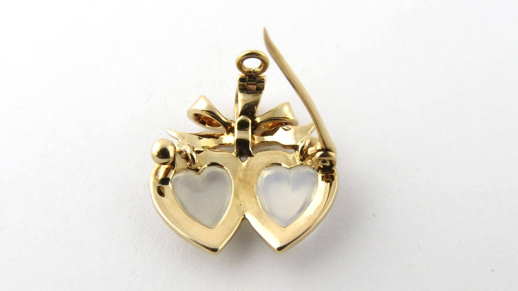 Round Cut Antique Victorian 14 Karat Gold Double-Heart Moonstone and Seed Pearl Pendant