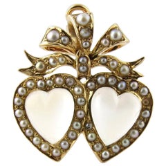 Antique Victorian 14 Karat Gold Double-Heart Moonstone and Seed Pearl Pendant