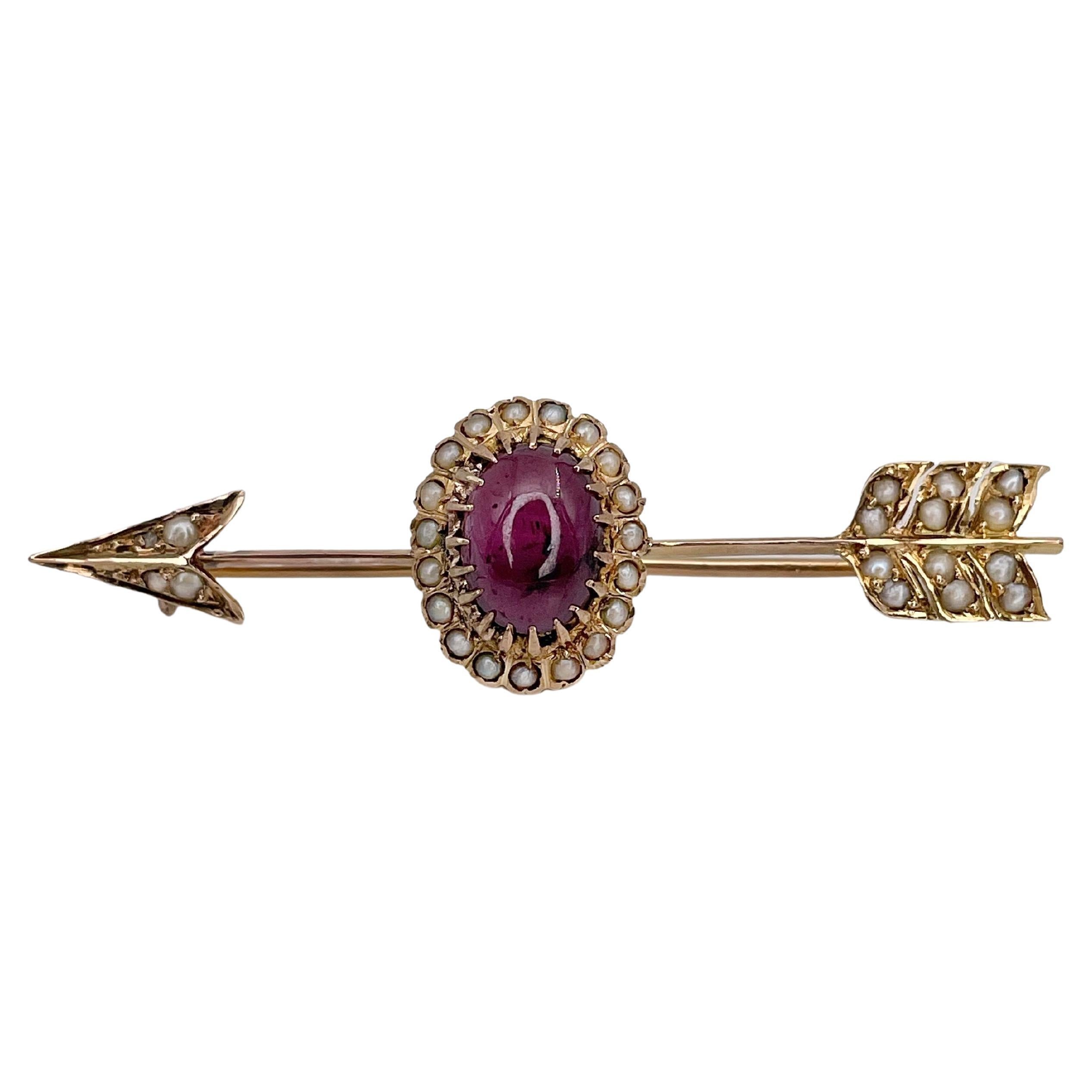 Victorian 14 Karat Gold 1.80 Carat Garnet Seed Pearl Arrow Bar Brooch For Sale