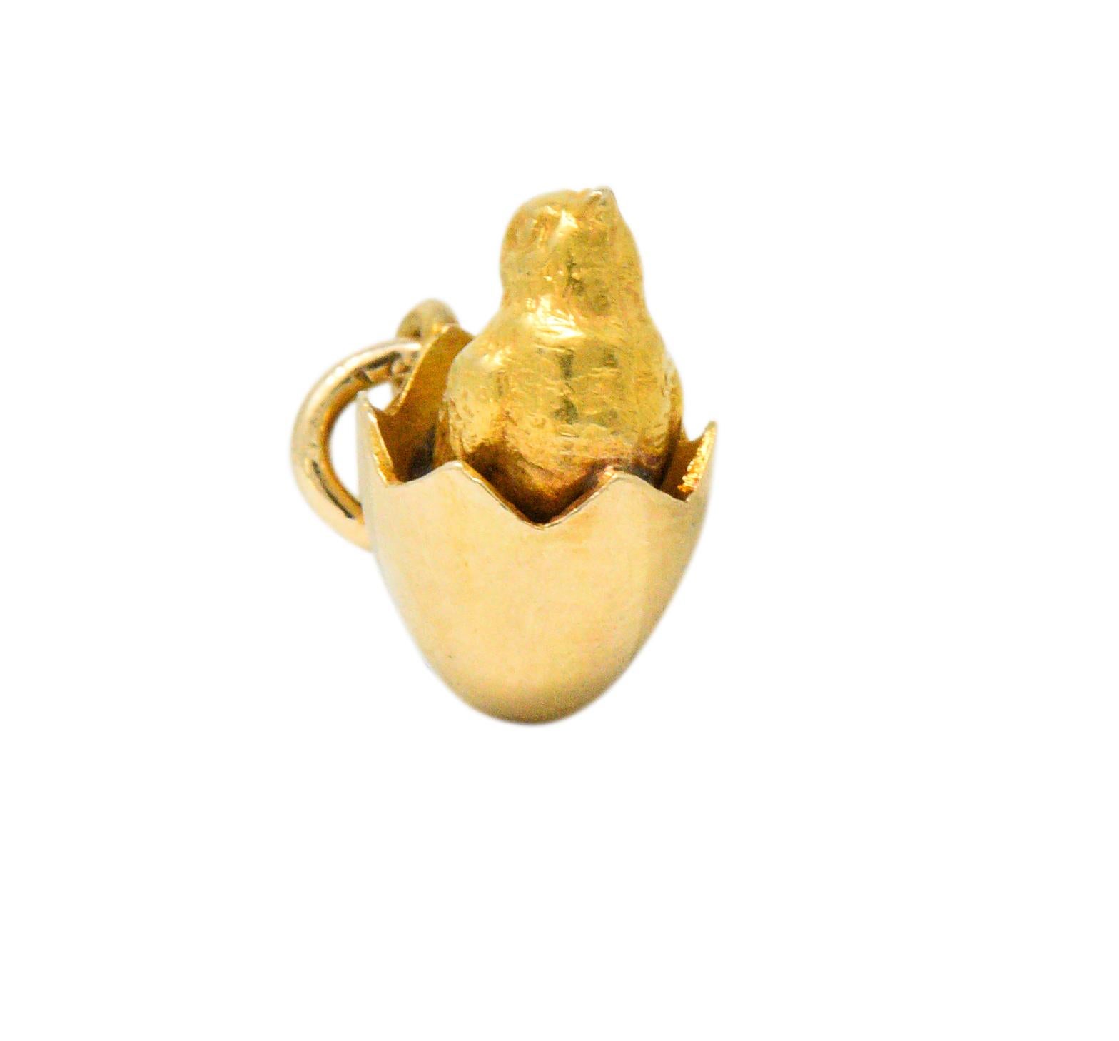 Featuring a dimensional baby chick hatching from an egg

Detailed and tested as 14k gold

Circa 1900

Measures 9 mm x 5.5 mm

Total Weight: 1.1 grams

Sweet. Delightful. Quaint.

We- 1848