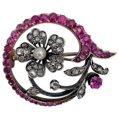 Antique Victorian 14 Karat Gold Pearl Ruby Rose Cut Diamond Round Flower Brooch