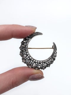 Antique Victorian 14 Karat Gold Rose Cut Diamond Crescent Moon Pin Brooch