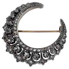 Antique Victorian 14 Karat Gold Rose Cut Diamond Crescent Moon Pin Brooch