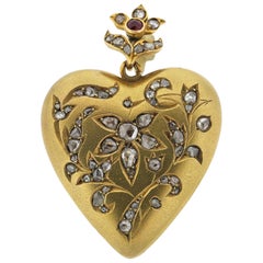 Antique Victorian 14 Karat Gold Rose Cut Diamond Repousse Heart Pendant