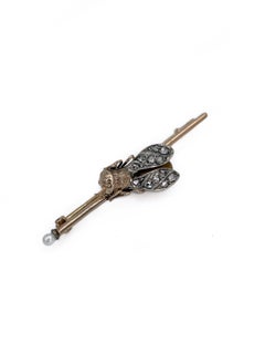 Viktorianische Barbrosche aus 14 Karat Gold mit Diamanten im Rosenschliff und Perlen und Tigeraugenschliff
