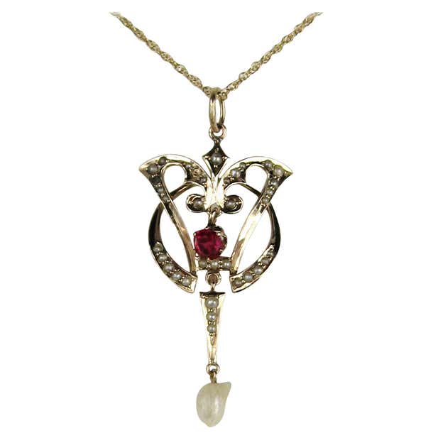Antique Victorian 14 Karat Gold Seed Pearl Ruby Lavaliere Pendant at ...