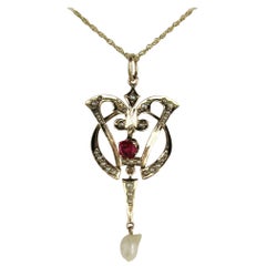 Antique Victorian 14 Karat Gold Seed Pearl Ruby Lavaliere Pendant