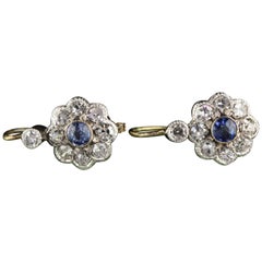 Antique Victorian 14 Karat Gold Single Cut Diamond and Sapphire Drop Earrings