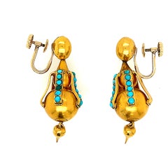 Antique Victorian 14 Karat Gold Turquoise Dart Ear Pendants
