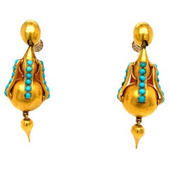 Antique Victorian 14 Karat Gold Turquoise Dart Ear Pendants
