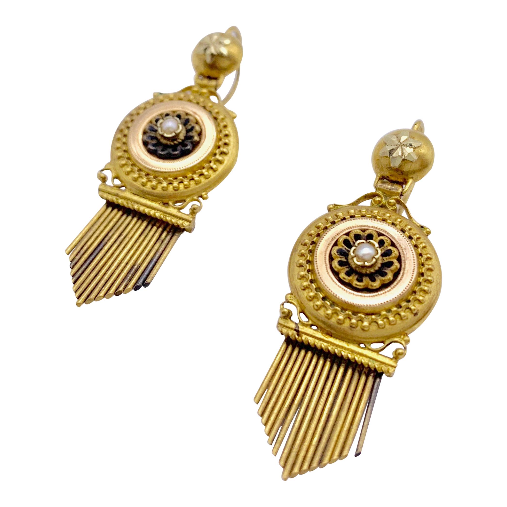 Antique Victorian 14 Karat Two Colour Gold Natural Pearl Dangling Earrings For Sale