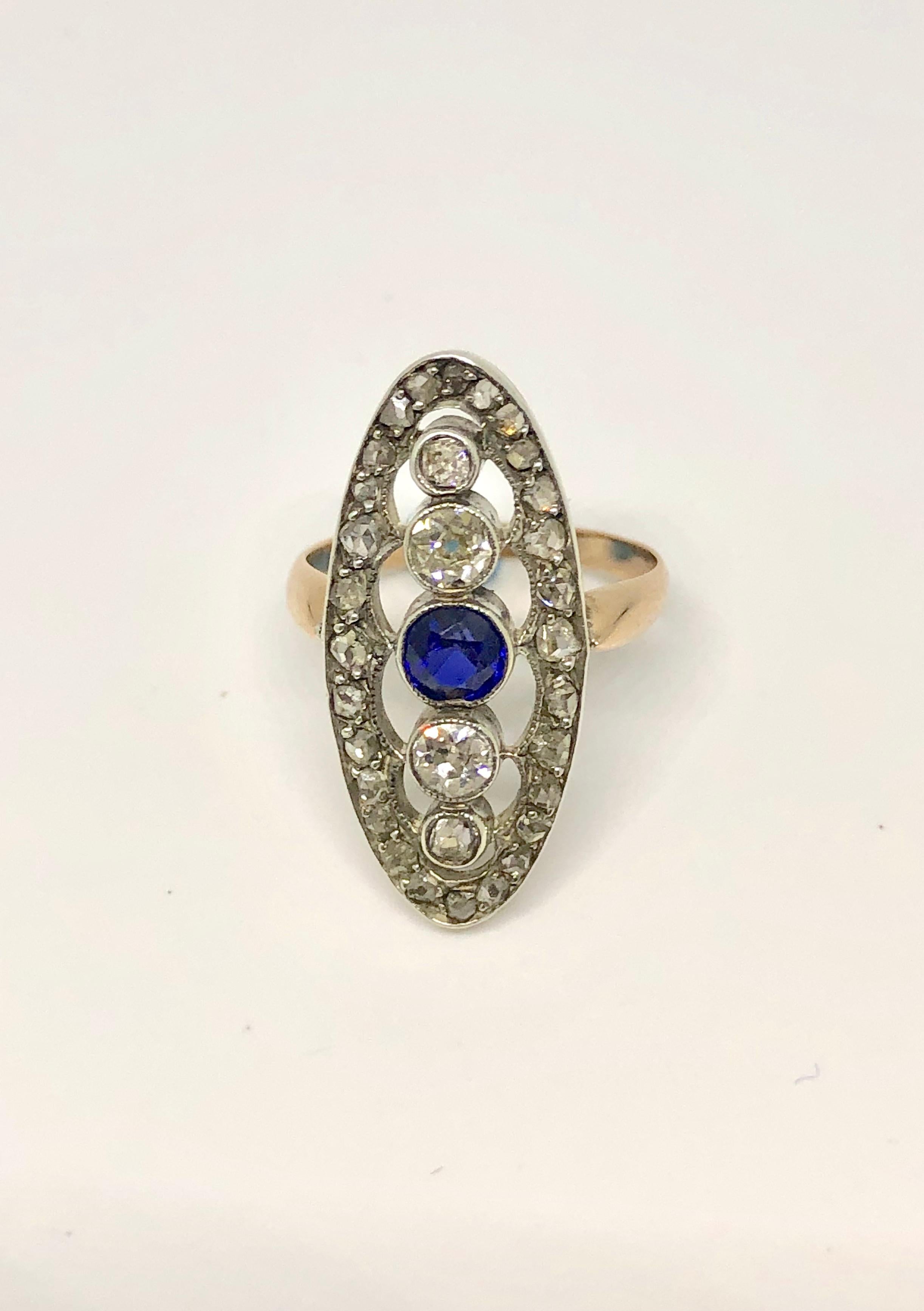 Old European Cut Antique Victorian 14 Karat Rose Gold Diamond and Sapphire Dinner Ring