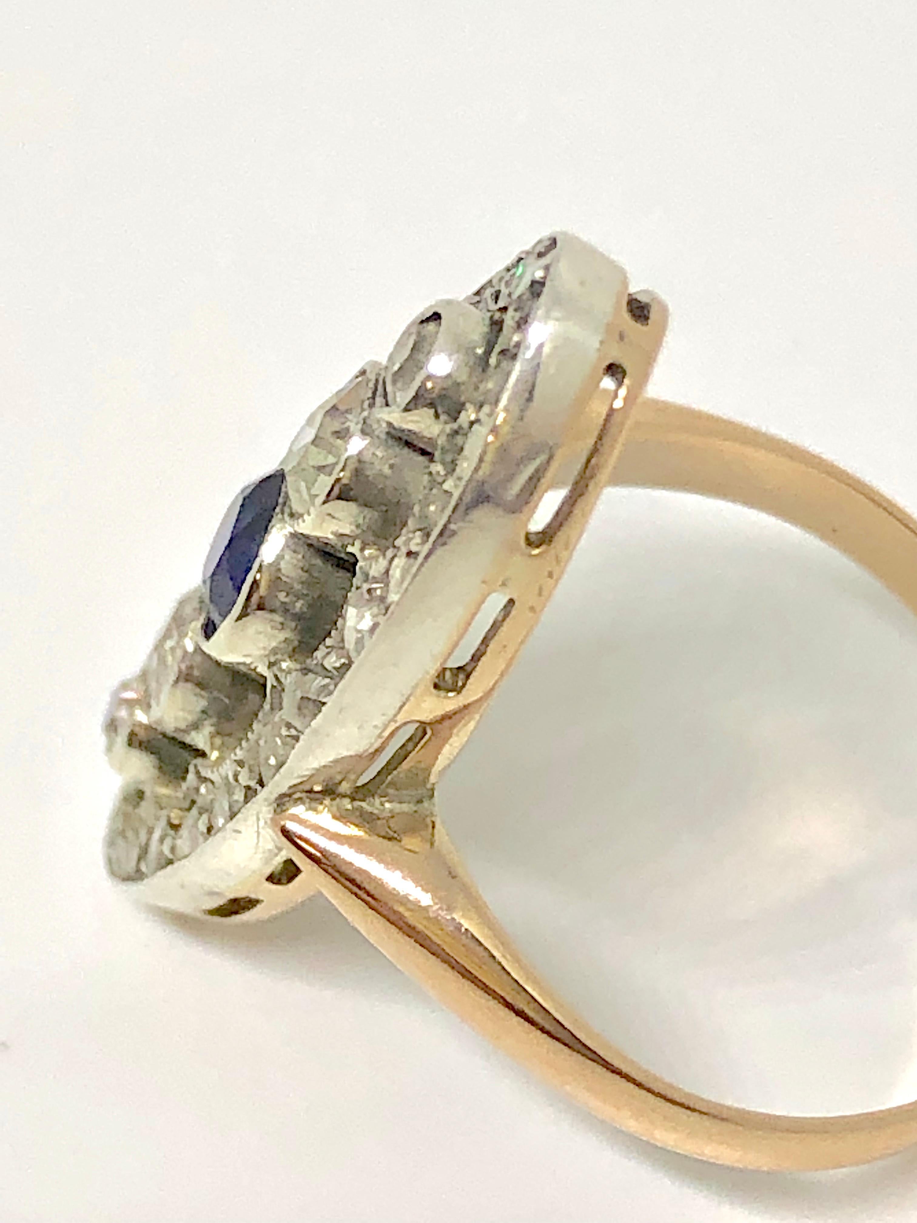 Antique Victorian 14 Karat Rose Gold Diamond and Sapphire Dinner Ring In Good Condition In Mansfield, OH