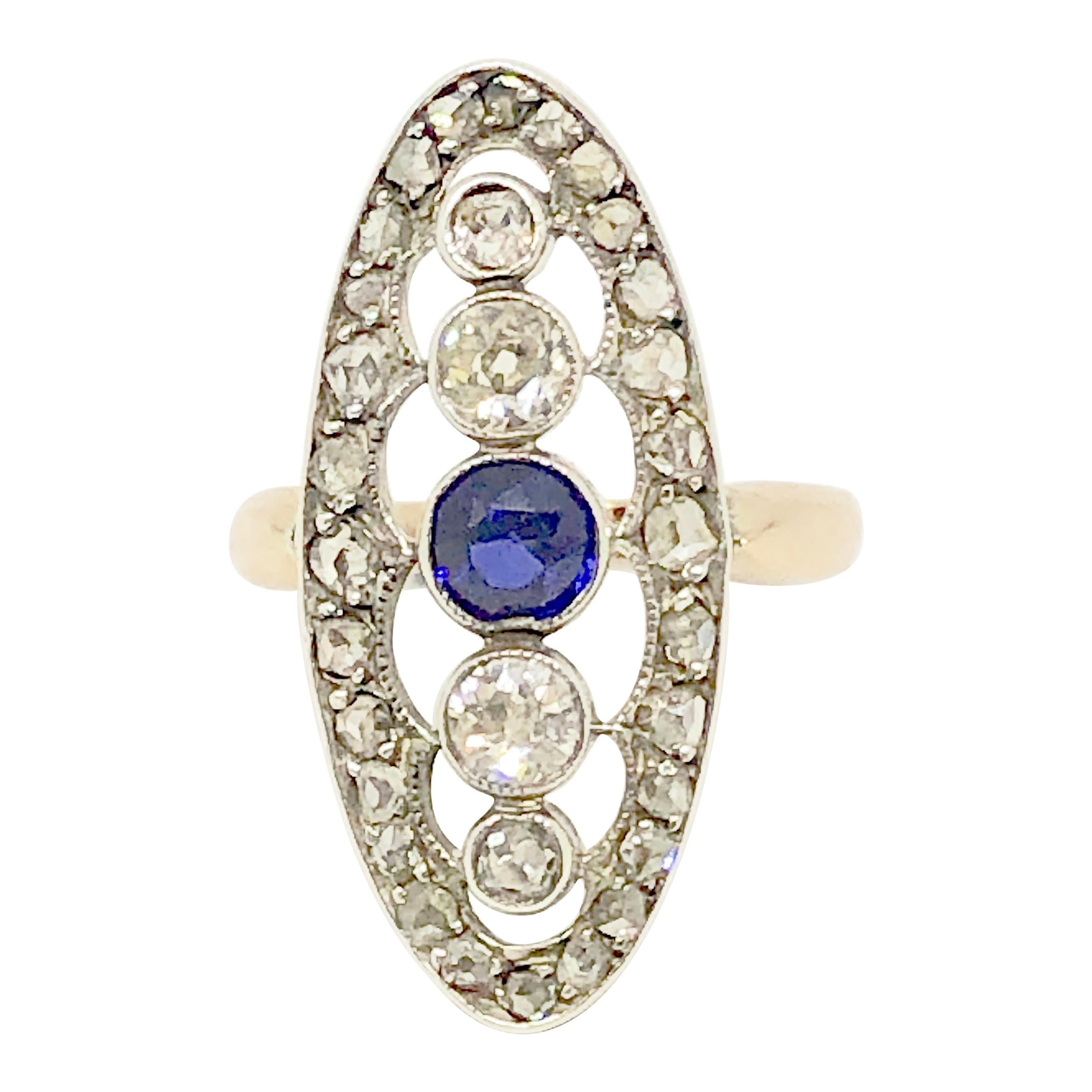 Antique Victorian 14 Karat Rose Gold Diamond and Sapphire Dinner Ring