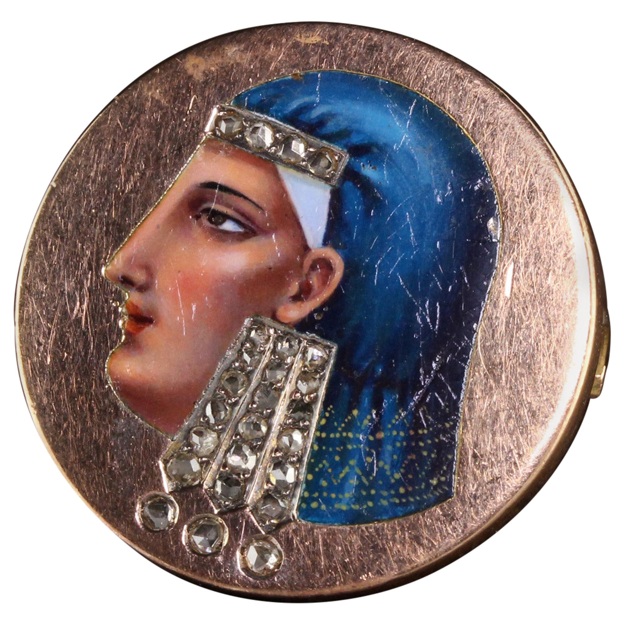 Antique Victorian 14 Karat Rose Gold Egyptian Revival Enameled Diamond Pin