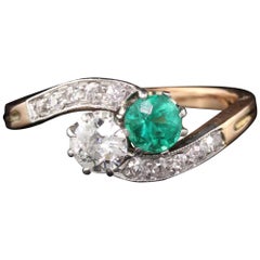 Antique Victorian 14 Karat Rose Gold Emerald &nd Diamond Toi Et Moi Ring