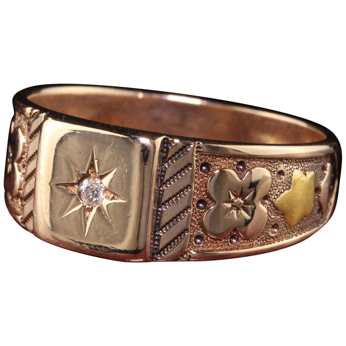 Antique Victorian 14 Karat Rose Gold Engraved Diamond Band Ring