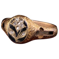 Antique Victorian 14 Karat Rose Gold Rose Cut Engraved Enamel Mourning Ring