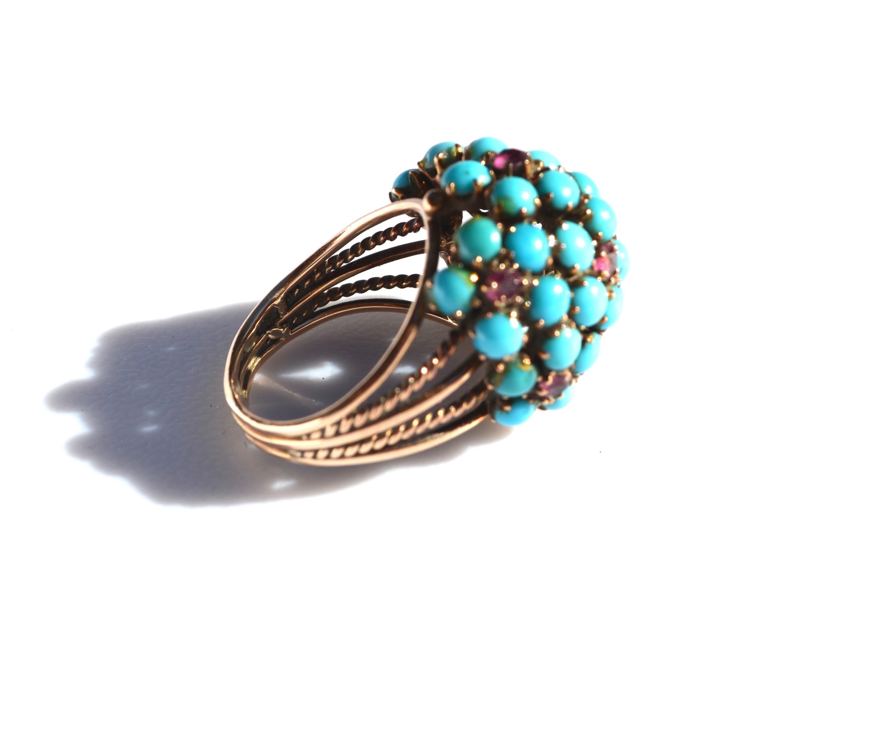 Women's or Men's Antique Victorian 14 Karat Ruby and Turquoise Ring For Sale